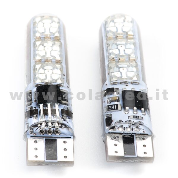 T10 LED 12V 24V RGB TELECOMANDO INFRAROSSI 2 LAMPADINE MODELLO 6 SMD 5050 MULTICOLORE SUPER CANBUS W5W - immagine 2