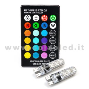 T10 LED 12V 24V RGB TELECOMANDO INFRAROSSI 2 LAMPADINE MODELLO 6 SMD 5050 MULTICOLORE SUPER CANBUS W5W