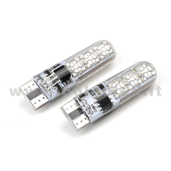 T10 LED 12V 24V RGB TELECOMANDO INFRAROSSI 2 LAMPADINE MODELLO 6 SMD 5050 MULTICOLORE SUPER CANBUS W5W - immagine 3