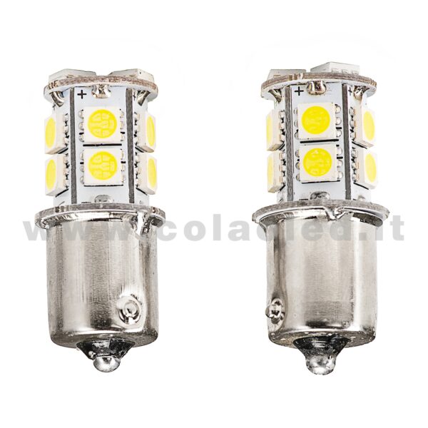 P21W 1 POLO 1156 CANBUS 2 LAMPADINE MODELLO 13 CHIP LED BIANCO LATTE BA15S