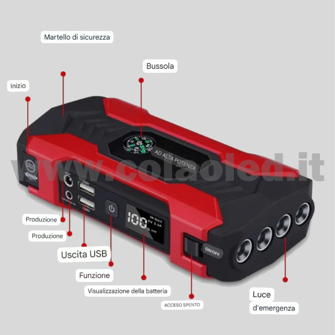 Booster Avviamento 15000mAh 12v Auto moto boosters Avviatore Emergenza con batteria a litio super potenza spunto Starter Batteria Auto Tutto Benzina Diesel con Grande Display e 2 Porte USB carica cellulare pc tablet power bank e segnalatore led emergenza e torcia martello emergenza rompi vetro senza fili portatile - immagine 7