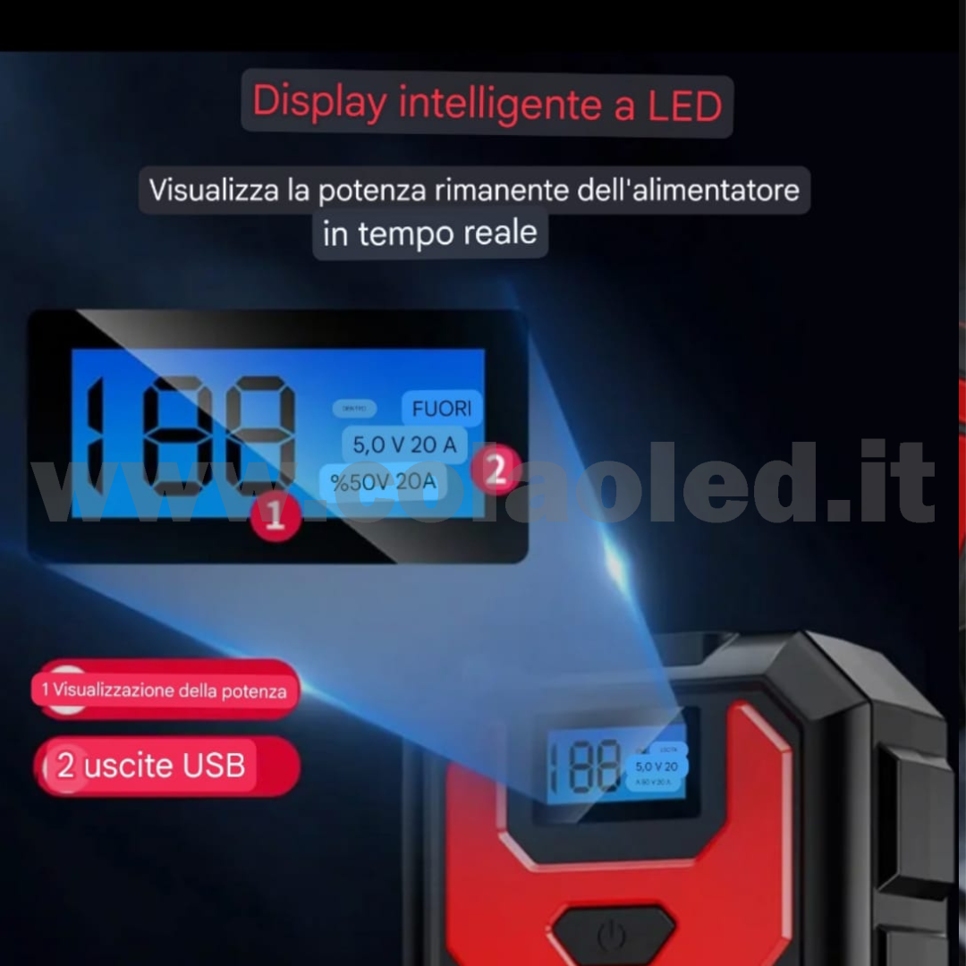 Booster Avviamento 20000mAh 12v Auto moto boosters Avviatore Emergenza con batteria a litio super potenza spunto Starter Batteria Auto Tutto Benzina Diesel con Grande Display e 2 Porte USB carica cellulare pc tablet power bank e segnalatore led emergenza e torcia senza fili portatile - immagine 7