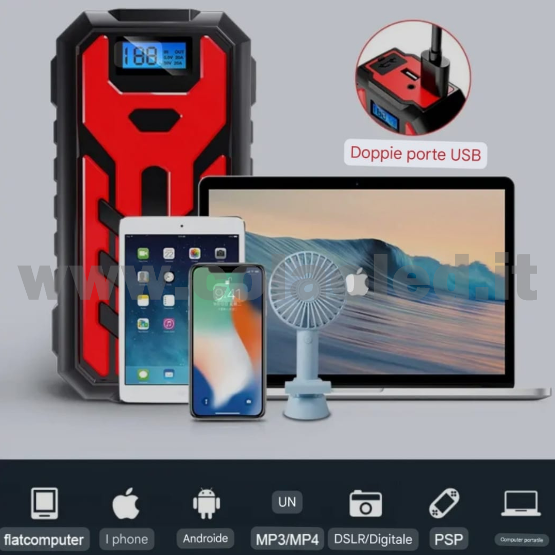 Booster Avviamento 20000mAh 12v Auto moto boosters Avviatore Emergenza con batteria a litio super potenza spunto Starter Batteria Auto Tutto Benzina Diesel con Grande Display e 2 Porte USB carica cellulare pc tablet power bank e segnalatore led emergenza e torcia senza fili portatile - immagine 5