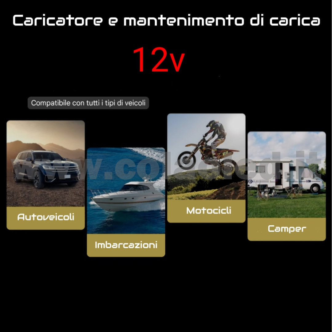 Caricabatteria e mantenitore di carica per Auto Moto scoter camper 6 Ah con Funzione di Carica Rapida per Batterie al Piombo 12V con filo Portatile 220v con filo - immagine 2