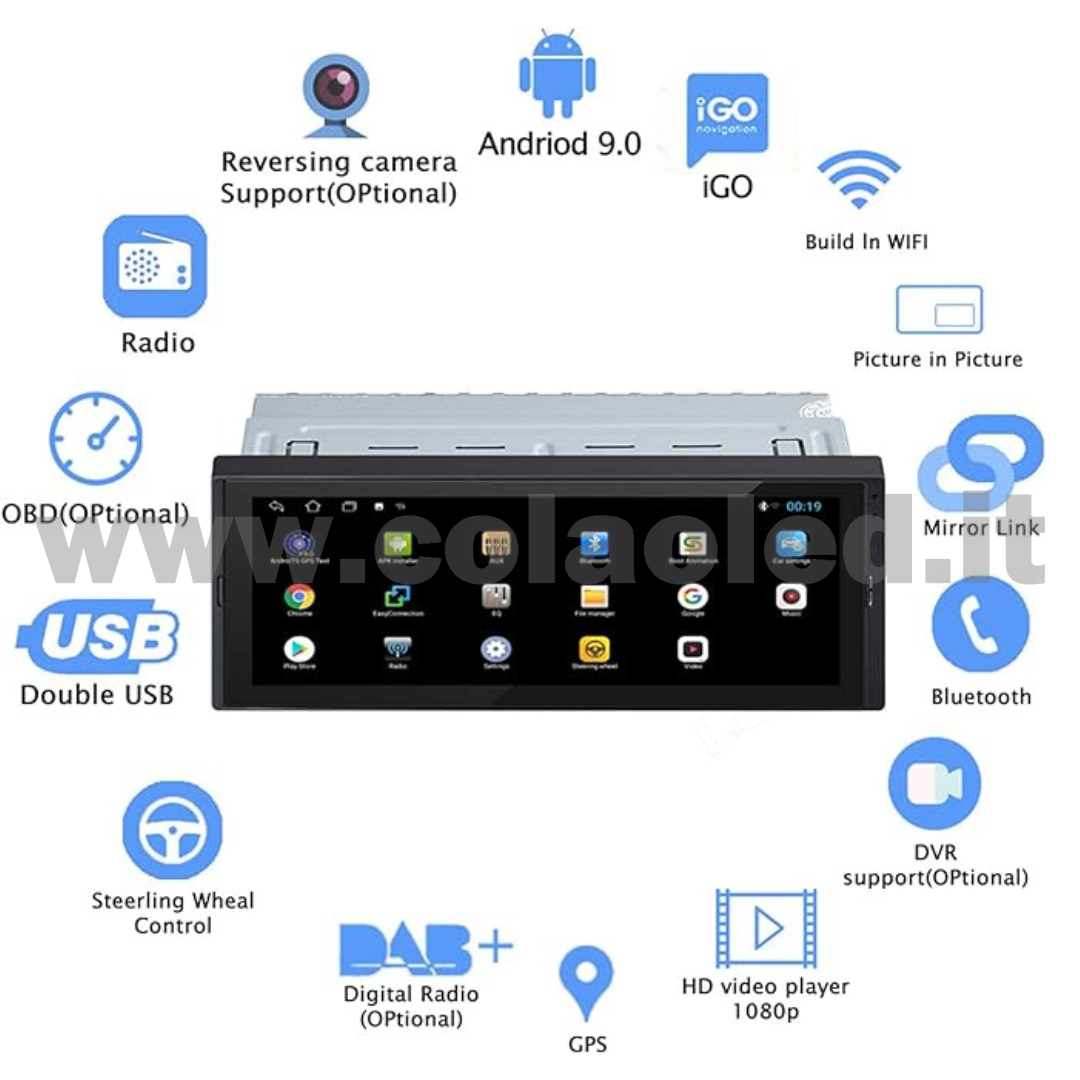 AUTORADIO DIN 6,2″ POLLICI TOUCHSCREEN CARPLAY ANDROID APPLE + TELECAMERA POSTERIORE PARCHEGGIO PARCHEGGIO AUX-IN USB BLUETOOTH WIFI TOUCHSCREEN STEREO FM RDS USB SWC CON USB/EQ/AUX NAVIGATORE GPS SISTEMA OPERATIVO ANDROID PROCESSORE 2 CORE 4 CANALI 65WX4 - immagine 7