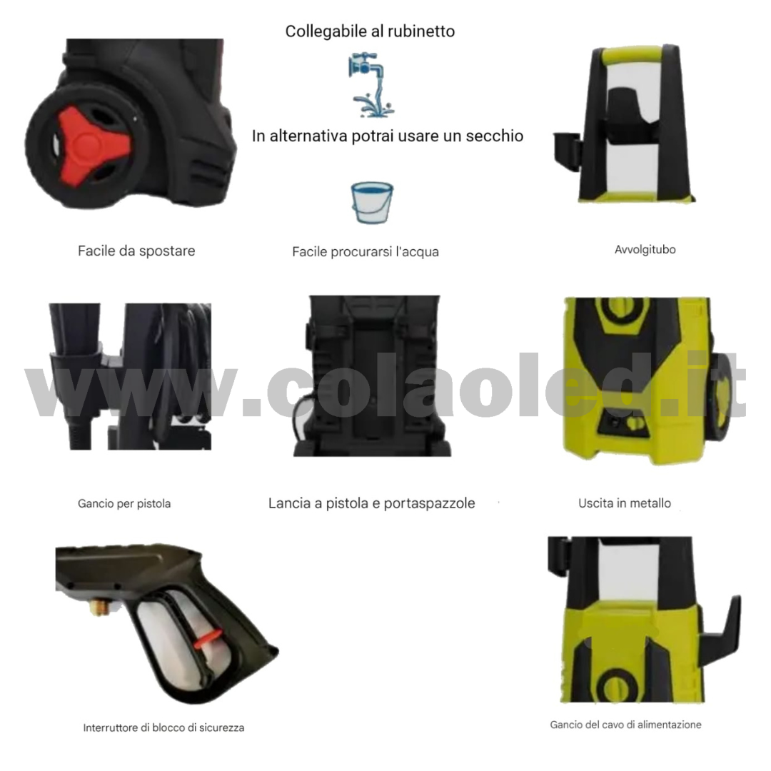 IDROPULITRICE PROFESSIONALE CON ROTELLE FACILE SPOSTAMENTO MULTIUSO A BATTERIA 220V AD AQUA ALTA PRESSIONE PER BICI VIALETTI GIARDINI AUTO MOTO CAMION CON FILI 120 BAR Portata 420 L/H 1200W - immagine 6