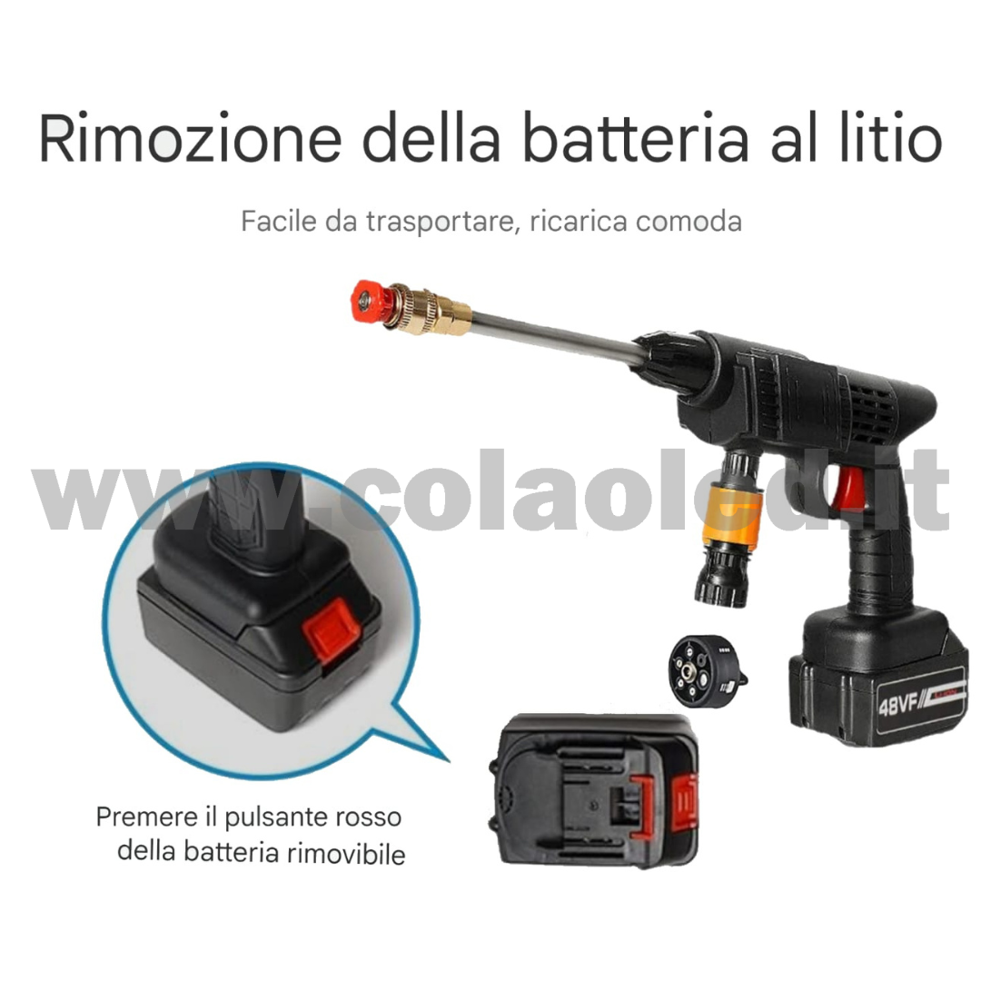 IDROPULITRICE PROFESSIONALE PORTATILE CON 2 BATTERIE 10000mA MULTIUSO BATTERIA 48V AD AQUA ALTA PRESSIONE PER BICI VIALETTI GIARDINI AUTO MOTO CAMION SENZA FILI 60 BAR 210 L/H 680W - immagine 2