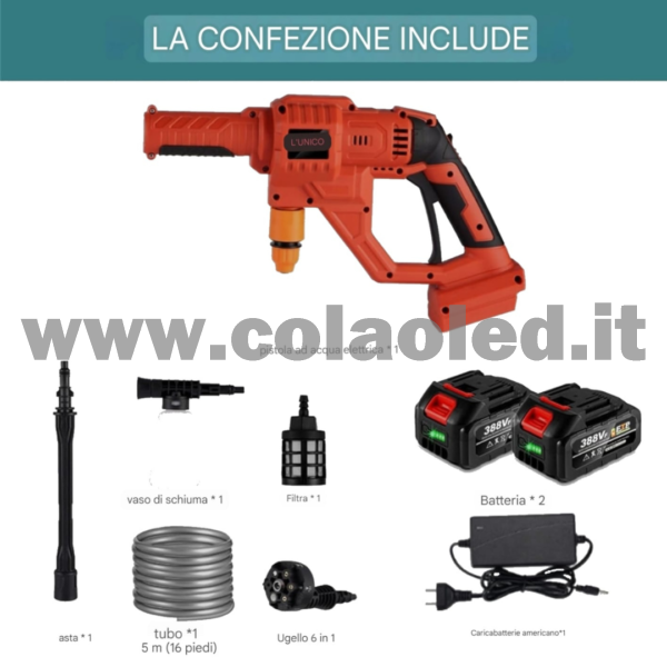 IDROPULITRICE PROFESSIONALE PORTATILE CON 2 BATTERIE 15000mA MULTIUSO BATTERIA 388VF AD AQUA ALTA PRESSIONE PER BICI VIALETTI GIARDINI AUTO MOTO CAMION SENZA FILI 150 BAR 600 L/H 2000W - immagine 2