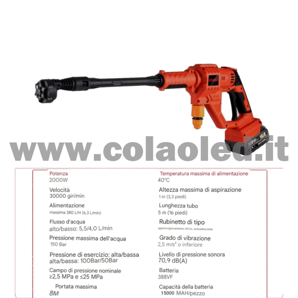 IDROPULITRICE PROFESSIONALE PORTATILE CON 2 BATTERIE 15000mA MULTIUSO BATTERIA 388VF AD AQUA ALTA PRESSIONE PER BICI VIALETTI GIARDINI AUTO MOTO CAMION SENZA FILI 150 BAR 600 L/H 2000W - immagine 3
