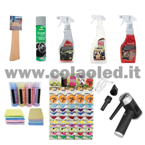 Kit Pulizia Interni tappezzeria in pelle + pulizia interna compreso aspirapolvere e soffiatore Auto camper camion set da 8pz.