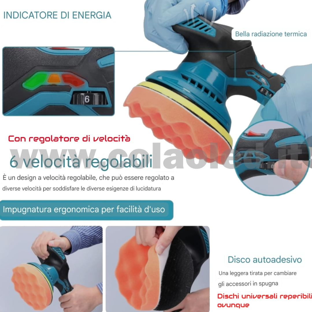 Lucidatrice rotorbitale a batteria PROFESSIONALE set con 2 batterie per carrozzeria e carrozieri 6 marce di velocità Lucidatrice automatica elettrica regolabile Pulizia multifunzionale Levigatrice metallo e per legno Macchinetta anche per grattare e lucidare 600-5500 giri/min batterie a litio 2 da 21V 1300mA 600w senza fili - immagine 3