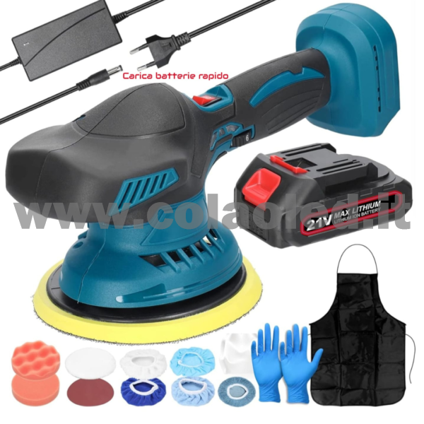 Lucidatrice rotorbitale a batteria PROFESSIONALE set con 2 batterie  per carrozzeria e carrozieri 6 marce di velocità Lucidatrice automatica elettrica regolabile Pulizia multifunzionale Levigatrice metallo e per legno Macchinetta anche per grattare e lucidare 600-5500 giri/min batterie a litio 2 da 21V 1300mA 600w senza fili - immagine 2