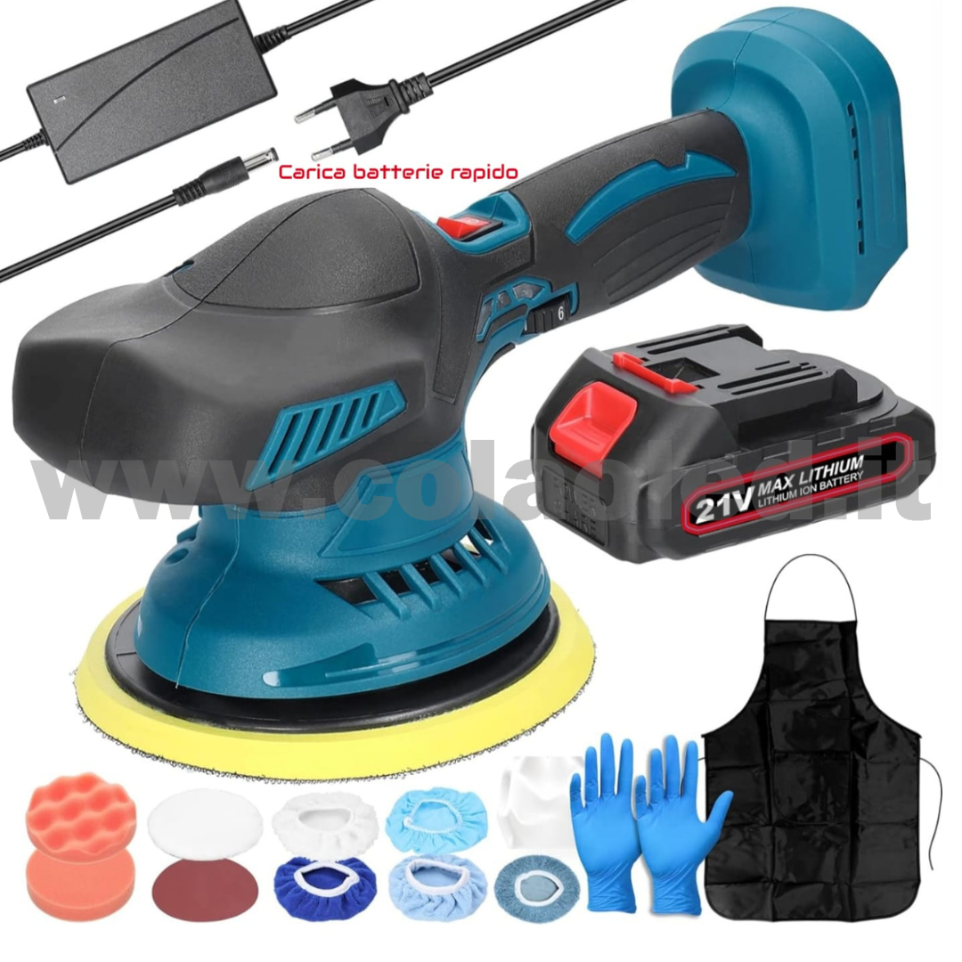Lucidatrice rotorbitale a batteria PROFESSIONALE set con 2 batterie per carrozzeria e carrozieri 6 marce di velocità Lucidatrice automatica elettrica regolabile Pulizia multifunzionale Levigatrice metallo e per legno Macchinetta anche per grattare e lucidare 600-5500 giri/min batterie a litio 2 da 21V 1300mA 600w senza fili - immagine 2