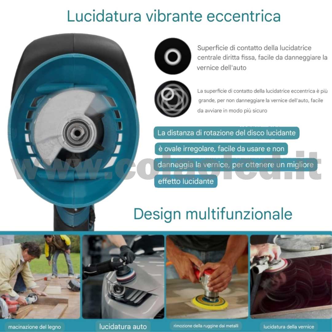 Lucidatrice rotorbitale a batteria PROFESSIONALE set con 2 batterie per carrozzeria e carrozieri 6 marce di velocità Lucidatrice automatica elettrica regolabile Pulizia multifunzionale Levigatrice metallo e per legno Macchinetta anche per grattare e lucidare 600-5500 giri/min batterie a litio 2 da 21V 1300mA 600w senza fili - immagine 4