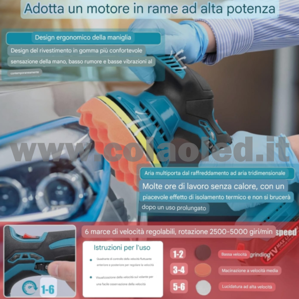 Lucidatrice rotorbitale a batteria PROFESSIONALE set con 2 batterie  per carrozzeria e carrozieri 6 marce di velocità Lucidatrice automatica elettrica regolabile Pulizia multifunzionale Levigatrice metallo e per legno Macchinetta anche per grattare e lucidare 600-5500 giri/min batterie a litio 2 da 21V 1300mA 600w senza fili - immagine 5