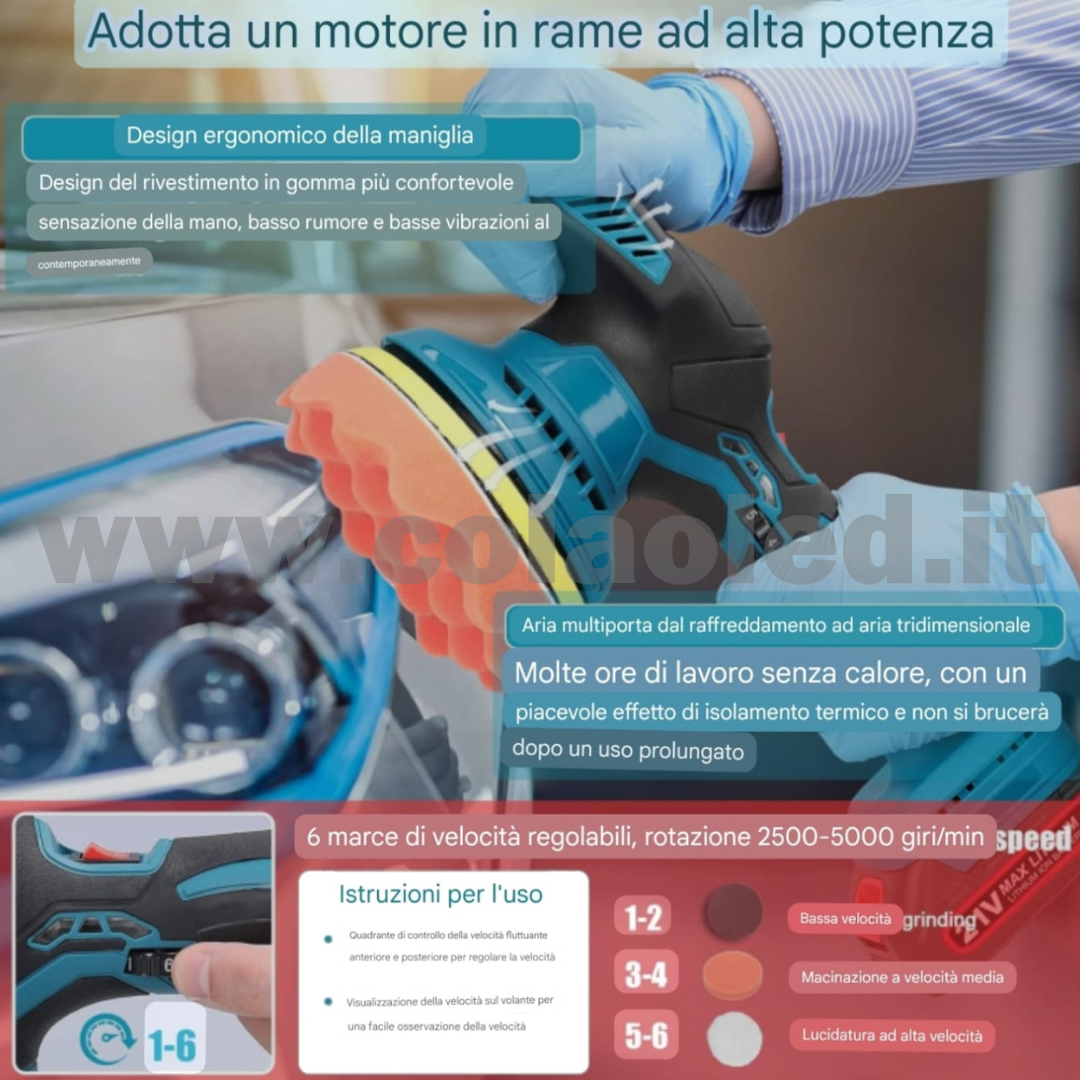 Lucidatrice rotorbitale a batteria PROFESSIONALE set con 2 batterie per carrozzeria e carrozieri 6 marce di velocità Lucidatrice automatica elettrica regolabile Pulizia multifunzionale Levigatrice metallo e per legno Macchinetta anche per grattare e lucidare 600-5500 giri/min batterie a litio 2 da 21V 1300mA 600w senza fili - immagine 5
