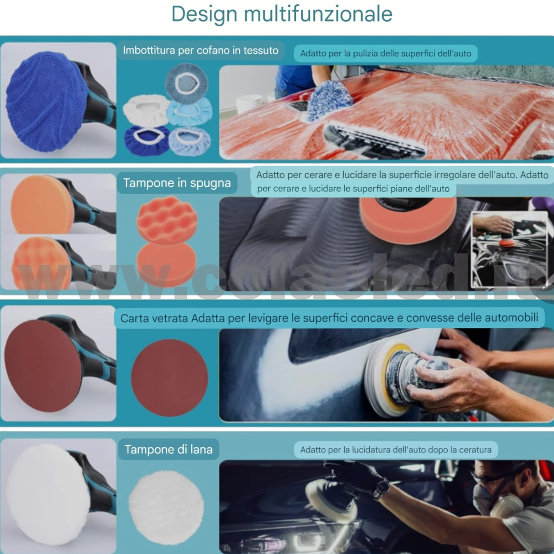 Lucidatrice rotorbitale a batteria PROFESSIONALE set con 2 batterie per carrozzeria e carrozieri 6 marce di velocità Lucidatrice automatica elettrica regolabile Pulizia multifunzionale Levigatrice metallo e per legno Macchinetta anche per grattare e lucidare 600-5500 giri/min batterie a litio 2 da 21V 1300mA 600w senza fili - immagine 6