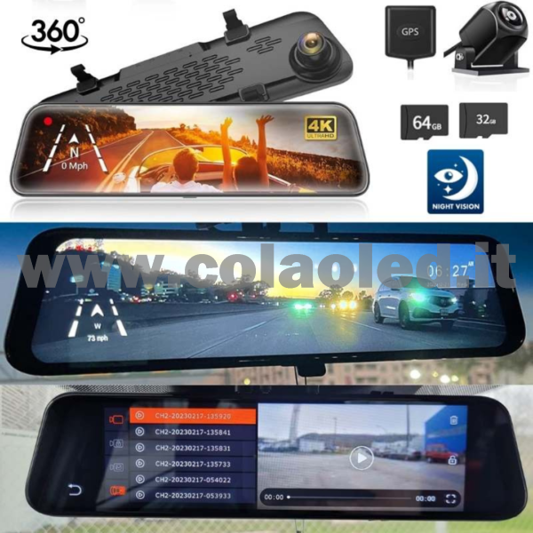 Specchietto Retrovisore ip + CAM POSTERIORE con CAM Doppia Specchio Retrovisore anteriore e posteriore  Wifi GPS 2.5 Auto camper camion con Telecamera WDR 4k Dashcam Atti Vandalici INCIDENTI PORTA SD E TELECAMERA POSTERIORE risoluzione 4k - immagine 3
