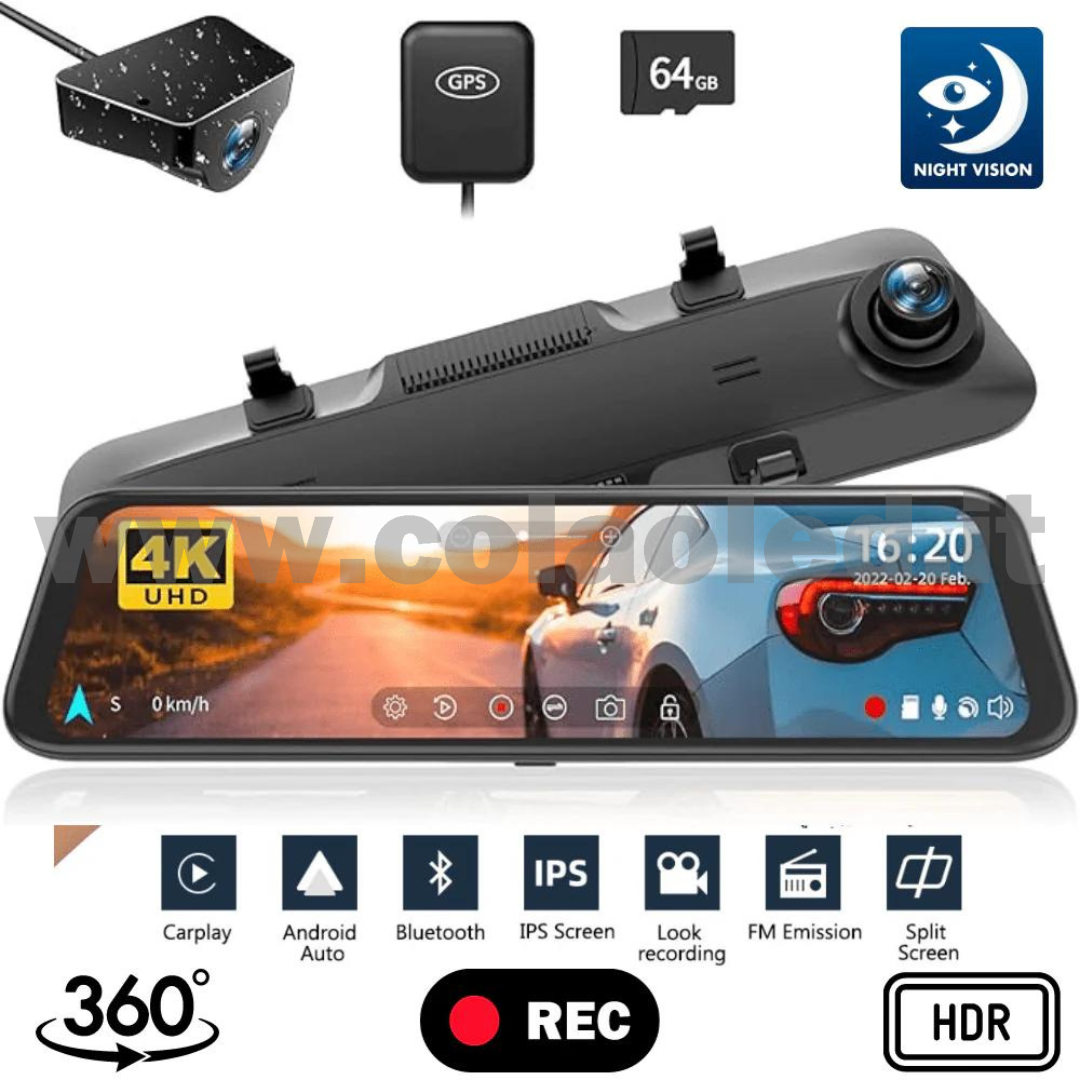 Specchietto Retrovisore ip + CAM POSTERIORE con CAM Doppia Specchio Retrovisore anteriore e posteriore Wifi GPS 2.5 Auto camper camion con Telecamera WDR 4k Dashcam Atti Vandalici INCIDENTI PORTA SD E TELECAMERA POSTERIORE risoluzione 4k