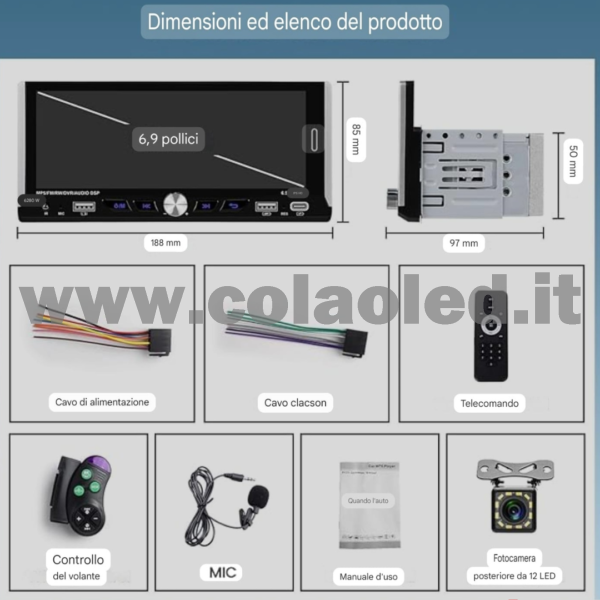 Autoradio DIN 6,9″ Pollici llici touchscreen Carplay android apple + telecamera posteriore parcheggio parcheggio Micro SD Aux-in USB bluetooth WiFi touchscreen stereo FM RDS USB SWC con USB/EQ/AUX navigatore gps sistema operativo Android Processore 4 core 4 canali 60Wx4 - immagine 7