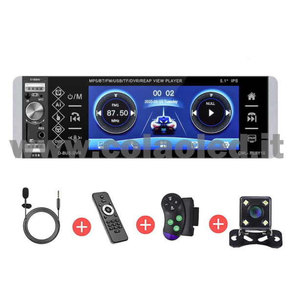 Autoradio 1 DIN 5,1″ Pollici touchscreen Carplay android apple + telecamera posteriore parcheggio Micro SD USB Aux-in Bluetooth Lettore MP5 Radio FM RDS USB/EQ/AUX gps 4 canali 50Wx4 - immagine 2
