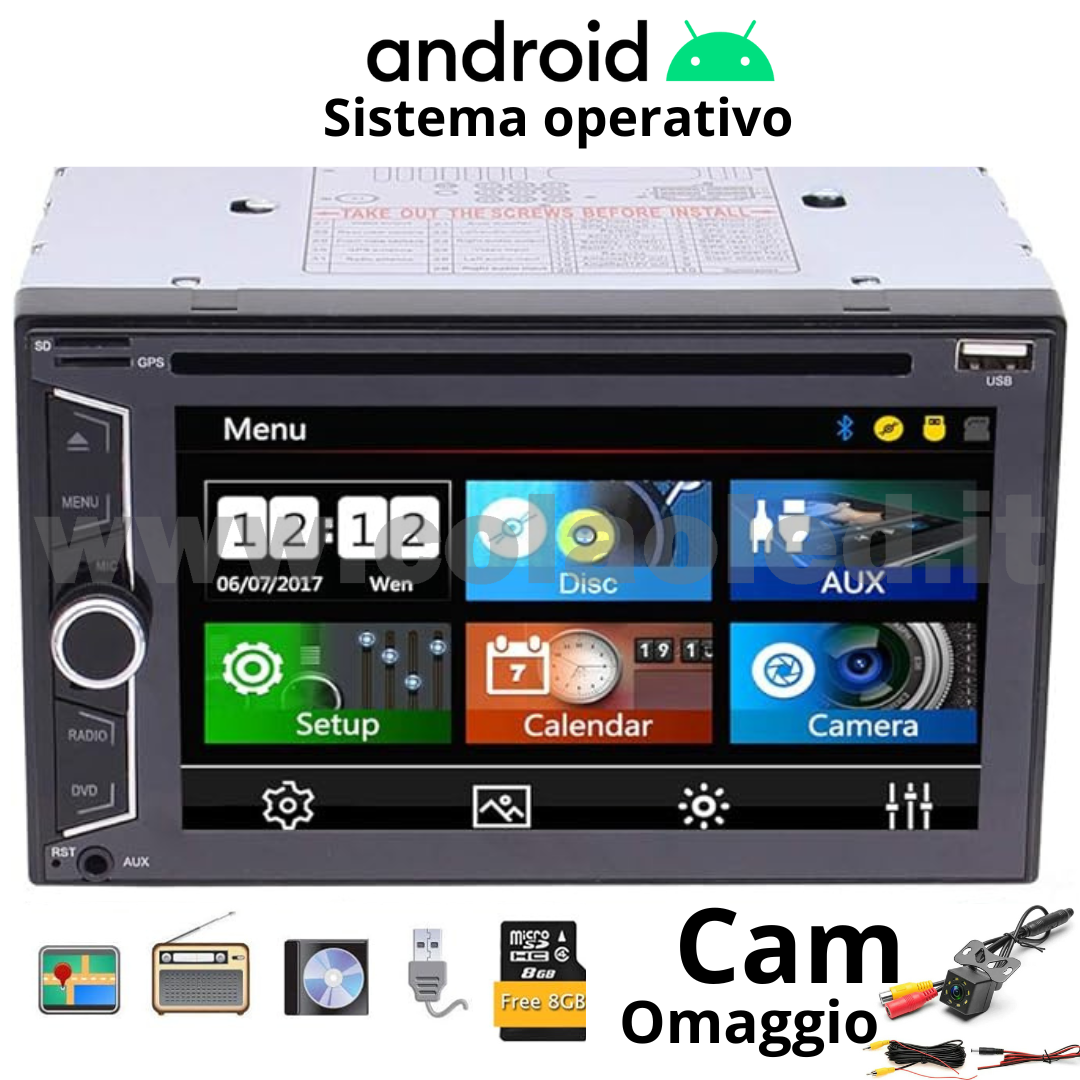 Autoradio 2 Doppio DIN 6,2" Pollici Carplay android apple + telecamera posteriore parcheggio parcheggio Mircro SD Aux-in USB bluetooth WiFi touchscreen stereo FM RDS USB SWC con USB/EQ/AUX navigatore gps sistema operativo Android Processore 8 core 4 canali 65Wx4