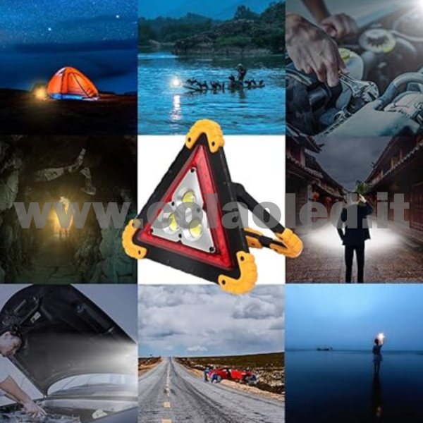 Triangolo e Lampada Ricarica SOLARE da Lavoro Portatile a LED Torcia D'emergenza Spia di Traffico omologato Ricaricabile Portatile Gestire la Riparazione Dell'automobile Luce di Inondazione 30W - immagine 5