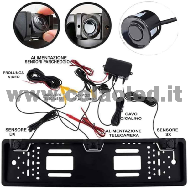 Porta targa posteriore con Telecamera e sensori di parcheggio retromarcia auto camper camion 12v con fili Full hd 420 TVL e led visione notturna portatarga - immagine 3