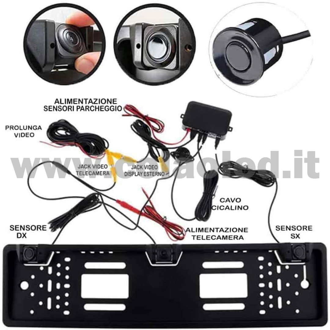 Porta targa posteriore con Telecamera e sensori di parcheggio retromarcia auto camper camion 12v con fili Full hd 420 TVL e led visione notturna portatarga - immagine 3