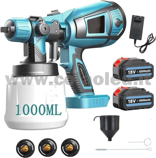 Pistola per verniciatura a batteria con 2 batterie - 3 Ugelli da 1,0mm 1,8mm 2,5mm - Serbatoio da 800 ml